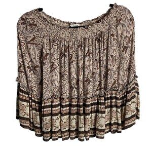 American Eagle Size S Off Shoulder Flared Sleeve Boho Top Neutral Brown Hippie